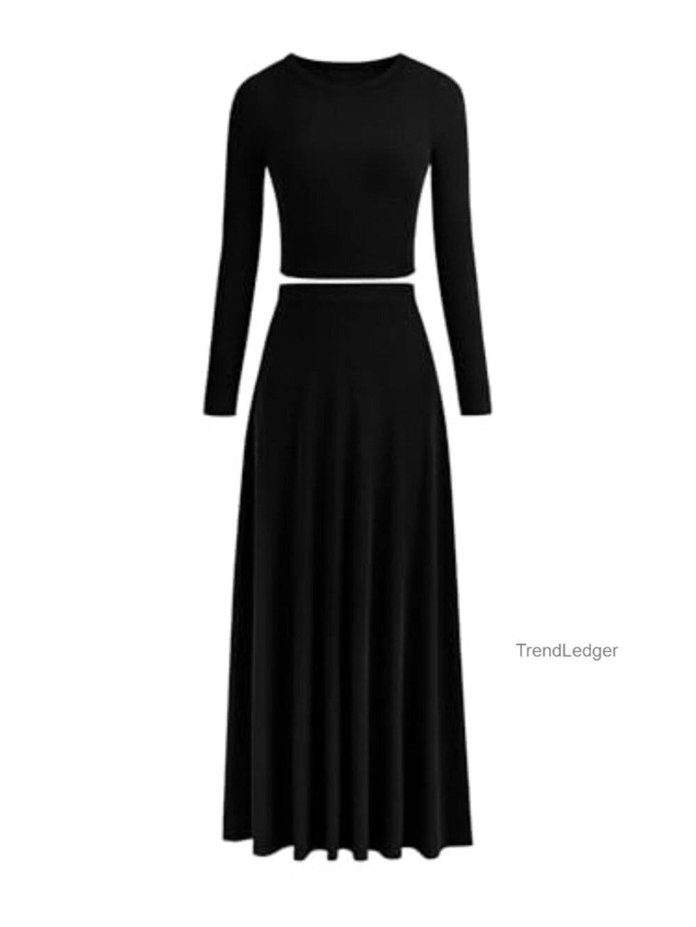 Women's 2 Piece Matching Skirt Set Long Sleeve Crop Top Maxi A-Line Ruffle